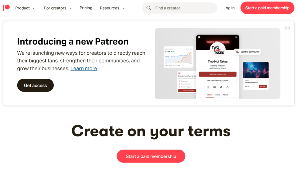 Startseite der Patreon-Website